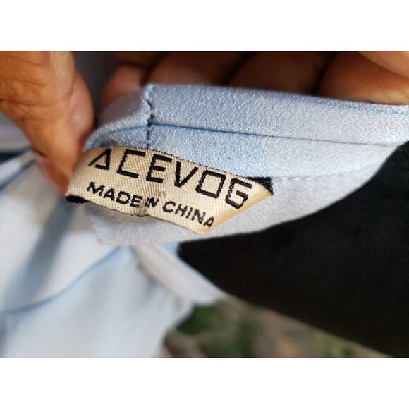 Vintage Acevog Blouse M Light Blue Bow Neck Long Sleeve Button Front Office Top - Picture 9 of 11